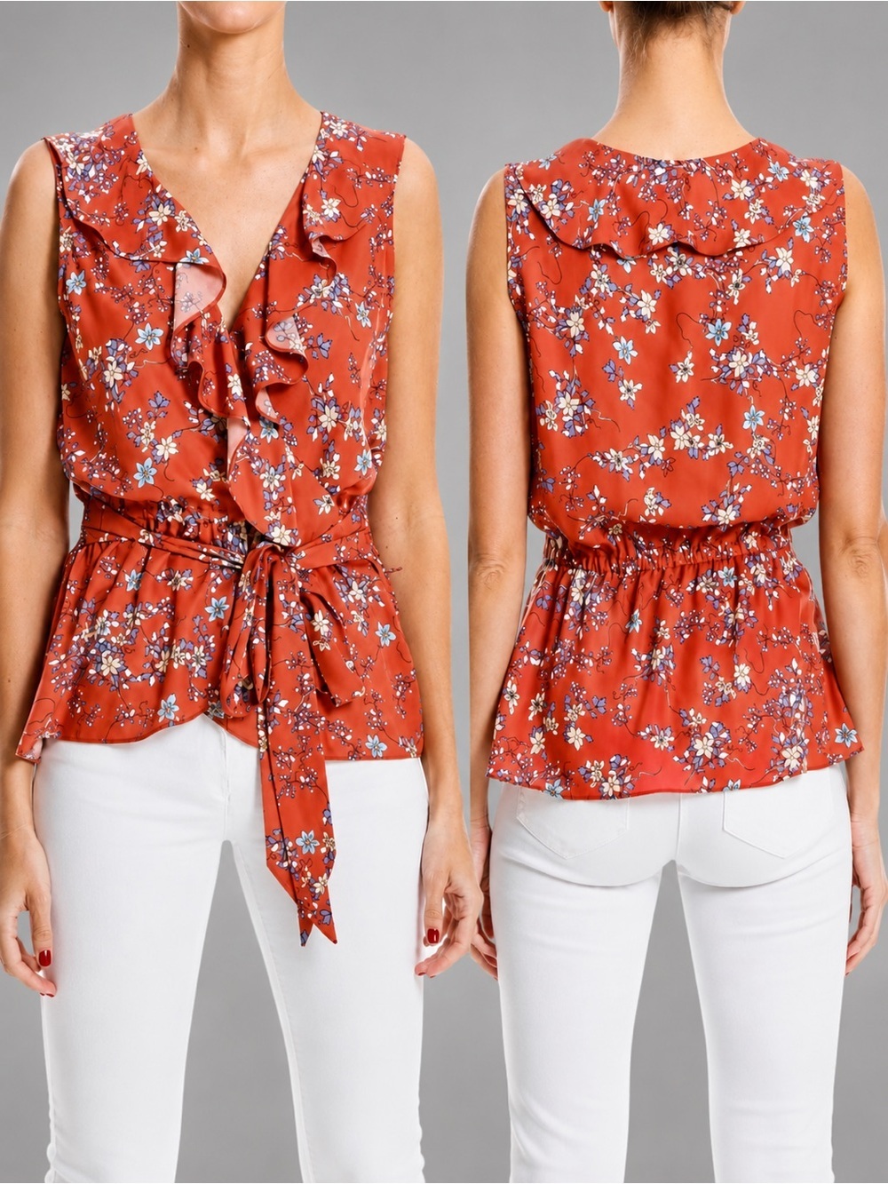 Max Studio Red floral SLEEVELESS RUFFLE TRIM PRINT BLOUSE IN CLYDLCJA size S